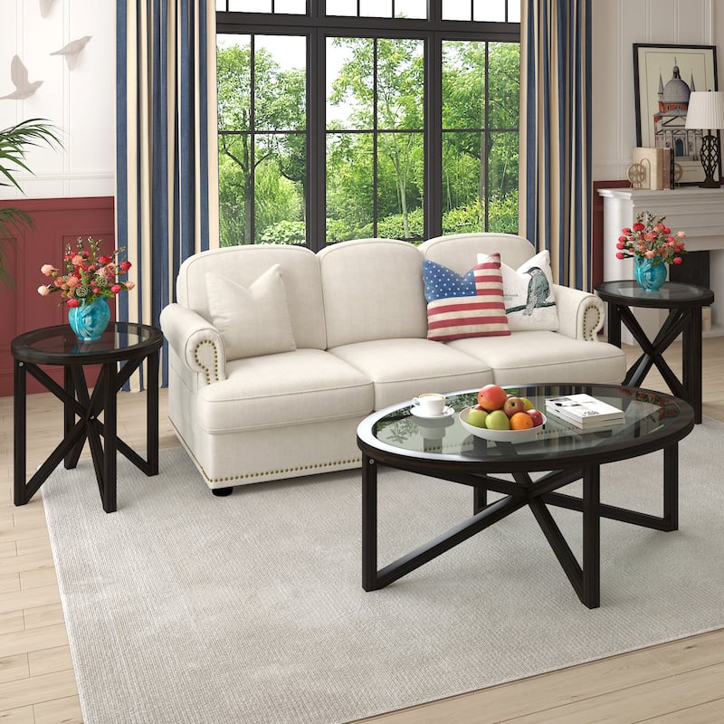 Tempered Glass Coffee Table Solid Wood Base Round Transparent Glass Top