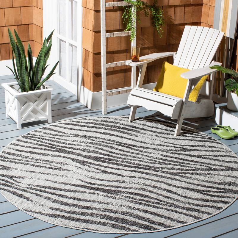 SAFAVIEH Courtyard Nagehan Stripe Indoor/ Outdoor Waterproof Patio Backyard Rug - 6'7" Round - Grey/Black