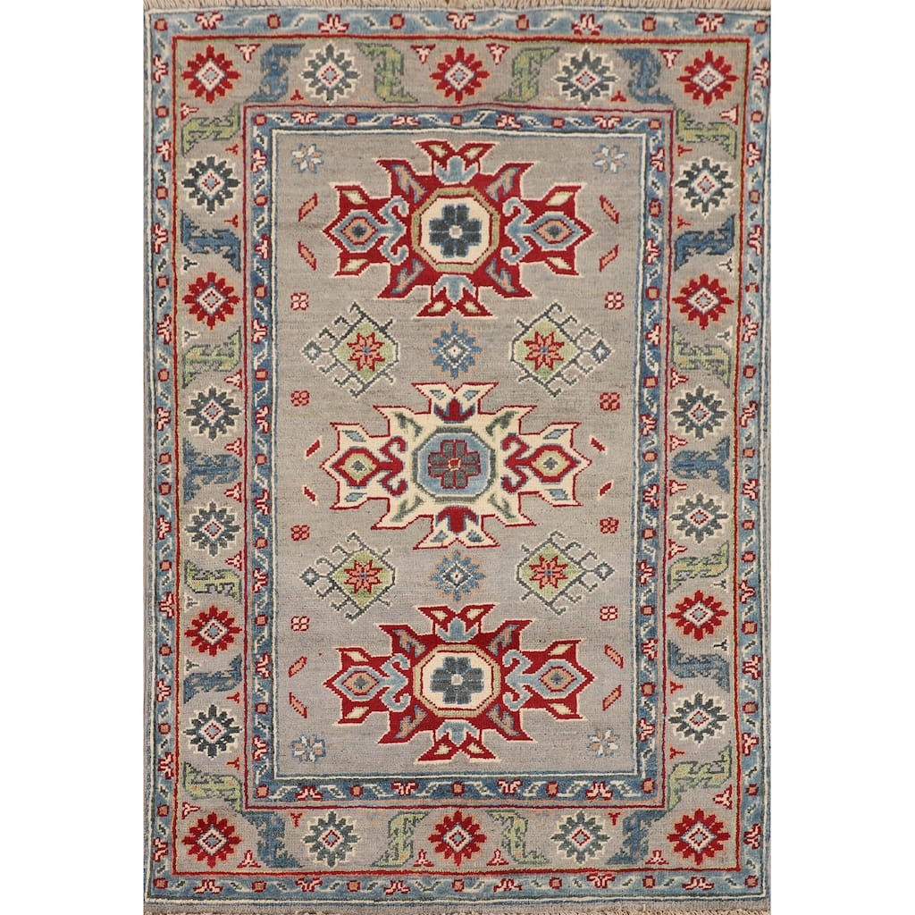 Gray Geometric Kazak Oriental Accent Rug Bedroom Handmade Wool Carpet - 2'8" x 4'2"