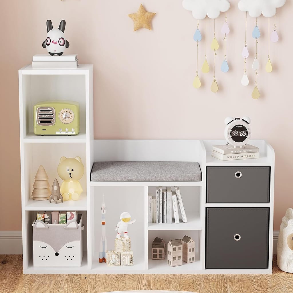 6 Cubbies 2 Drawers Kids Bookcase with Reading Nook Cushion for Playroom Bedroom