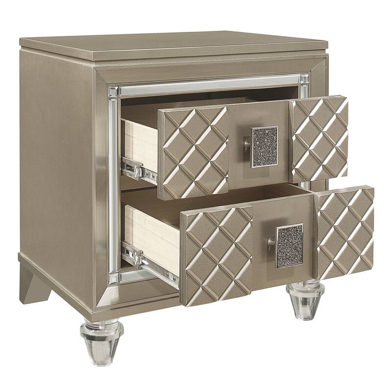 Glamorous 1pc Nightstand of 2 Drawers Acrylic Feet Bedside Table Luxury Bedroom Furniture Beveled Mirror Trim - Champagne