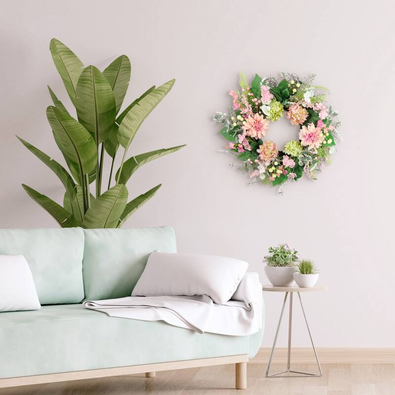 Hydrangea and Dahlia Floral Artificial Twig Spring Wreath - 26" - Pink and Green