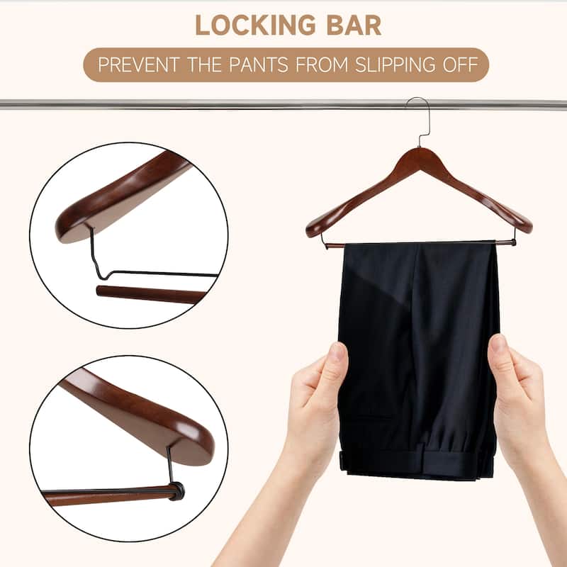 BP4U Premium Wide Shoulder Wooden Suit Hangers, Heavy-Duty Non-Slip Solid Wood Coat Hangers with Locking Bar