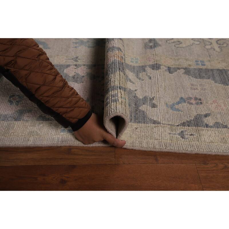 Beige Oushak Turkish Rug Hand-Knotted Oriental Wool Carpet - 8'11"x 11'11"