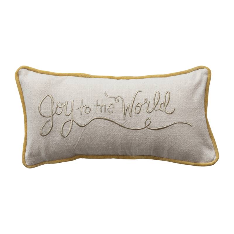 Slub Lumbar Pillow with Embroidery, Piping, and Velvet Back "Joy to the World" - Cream;Gold