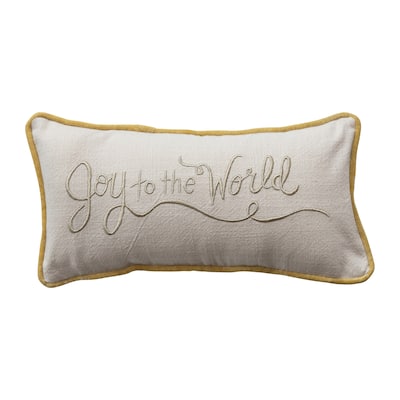 Slub Lumbar Pillow with Embroidery, Piping, and Velvet Back "Joy to the World"