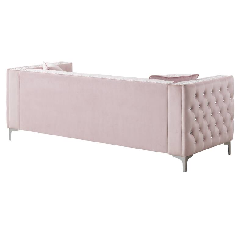 Button Tufted 3-Seater Velvet Sofa with Throw Pillows - 86" - Pink