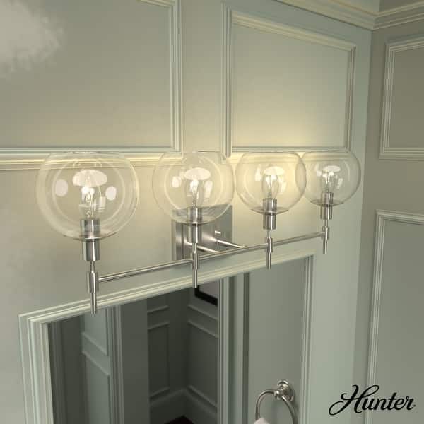 slide 2 of 11, Hunter Xidane Vanity Wall Light - Bathroom, Mid Century Modern, Glam - Clear glass 4 Light - Brushed Nickel-Clear Glass