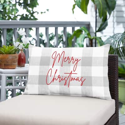 Merry Christmas Grey Buffalo Plaid Indoor/ Outdoor Pillow, 13 in x 20 in