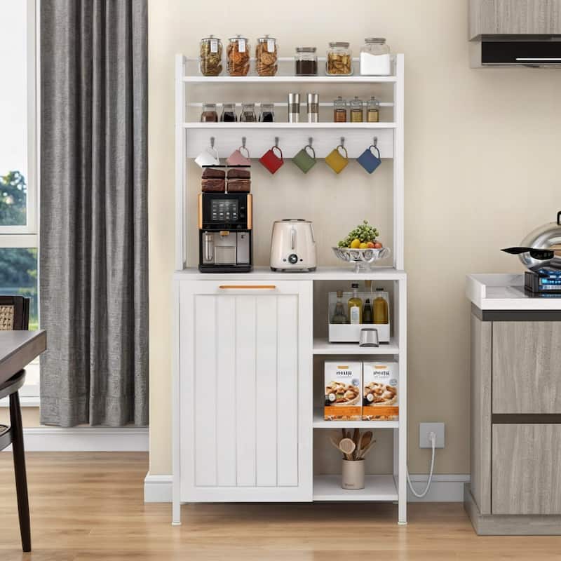 Moasis 6 Tier Kitchen Bakers Rack with Storage Shelves, Kitchen Organizer with Trash Can Bin Cabinet