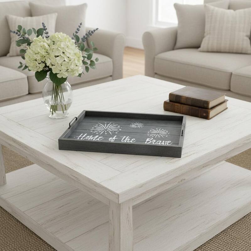 HomeRoots 16" Dark Blue And White Home Of The Brave Serving Tray With Handles - 15.50 in. x 2.25 in. x 12.00 in. - Dark Blue/White - 15.50 in. x 2.25 in. x 12.00 in.