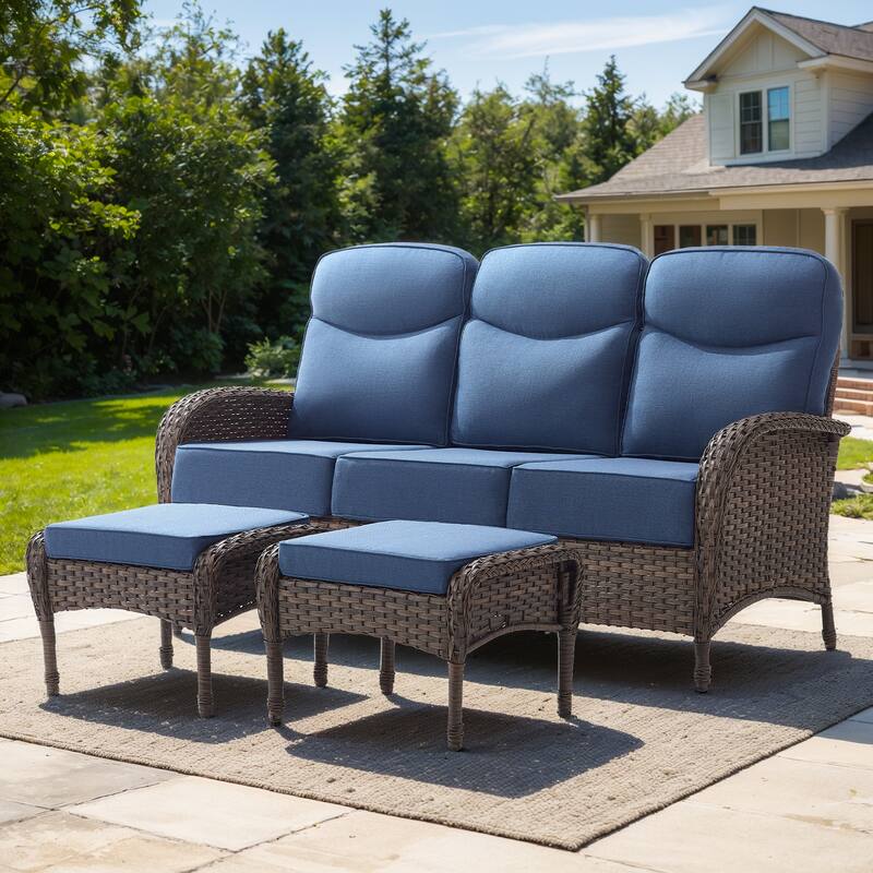 Pocassy Outdoor Wicker Patio Sofa with Swivel Chair Ottoman Sets - Brown Wicker Blue Cushion - 3-Piece Sofa with Ottoman