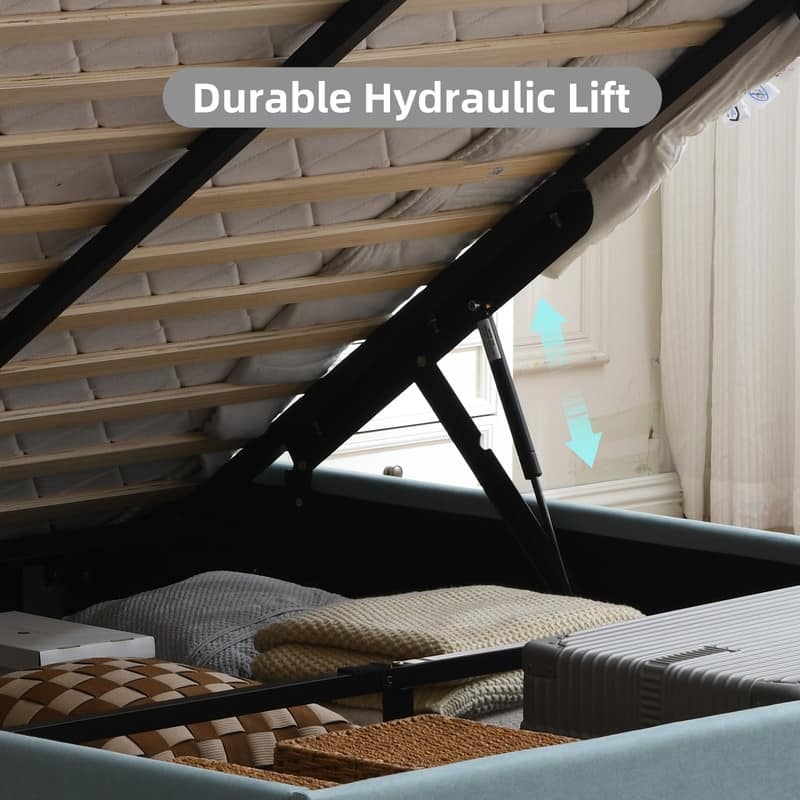 Plywood Frame Upholstered Platform Bed with Lift-up Storage Supported by Metal and Wooden Slats