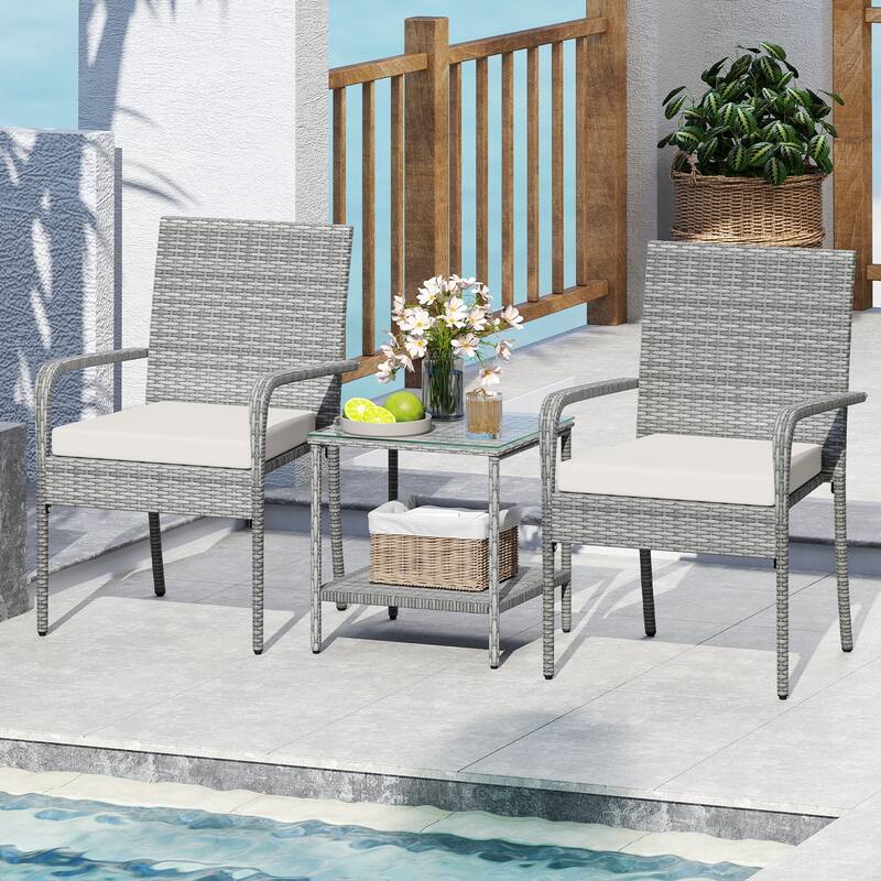 Gymax 3 Pieces Patio Furniture Set PE Rattan Porch Chairs w/ 2-Tier