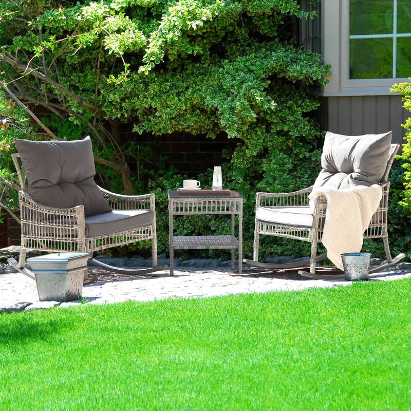 VEIKOUS 3-Piece Patio Wicker Outdoor Rocking Chair Set with Cushions and Pillows