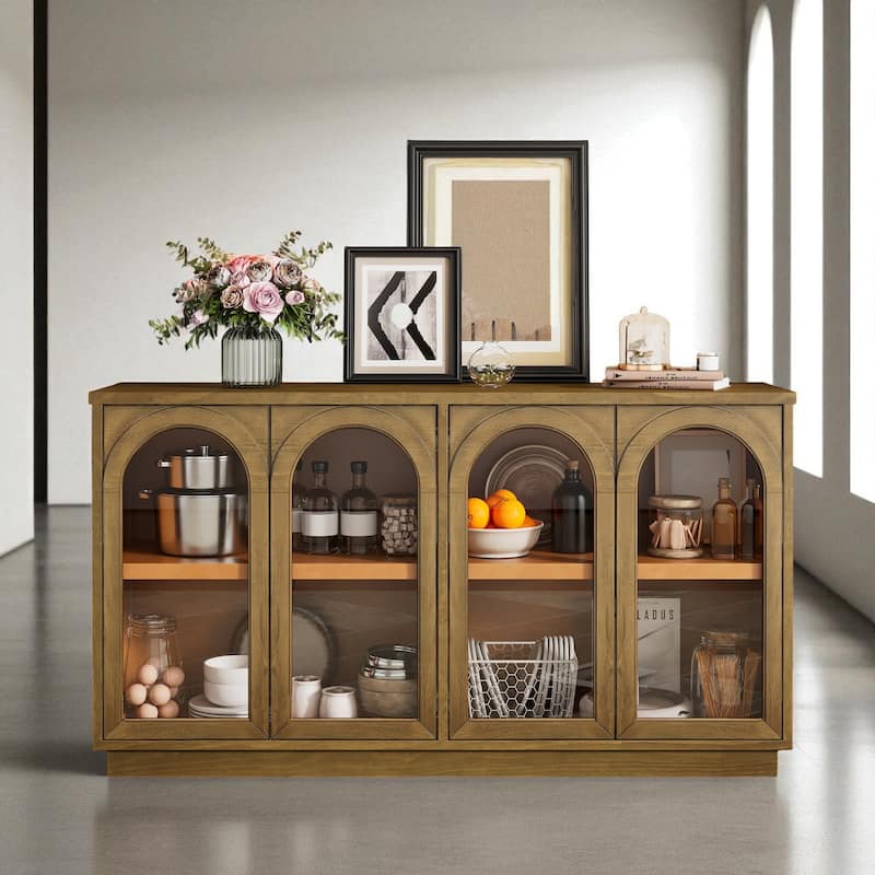 4-Door Buffet Cabinet with Glass Doors, Arched Design & Adjustable Shelves for Kitchen & Dining Room - Old Pine