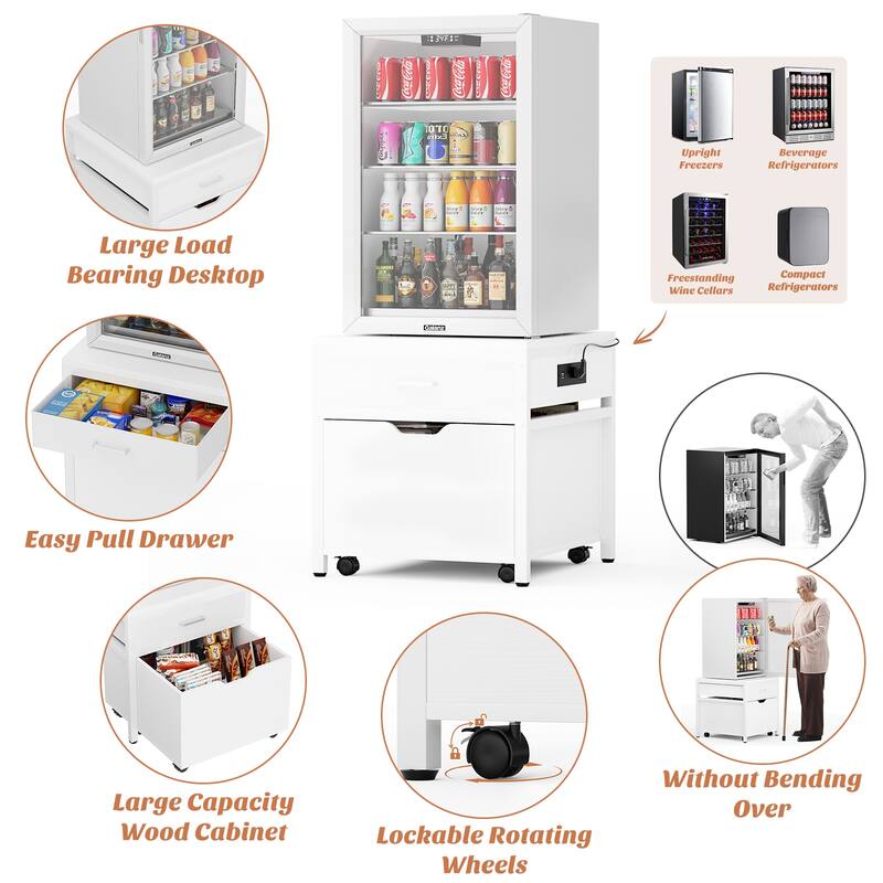 Mini Fridge Stand with Charge Station, Side/ End Table with Storage Drawers and Rolling Cabinet