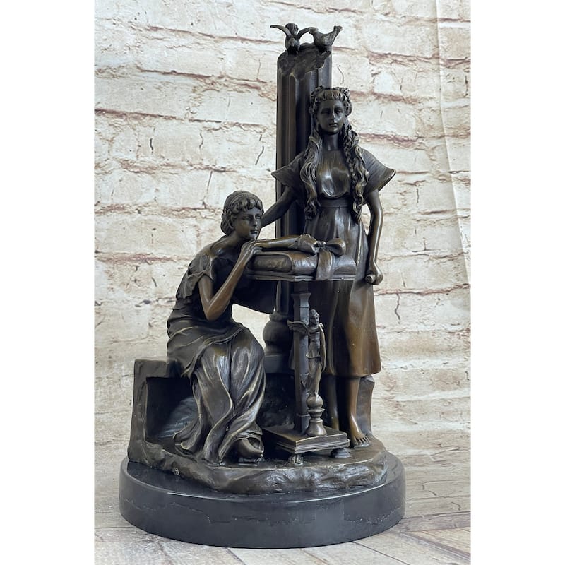 Two Young Girls W/ Book Column Bronze Statue Sculpture Moreau Decor 14 Inches X 8 Inches