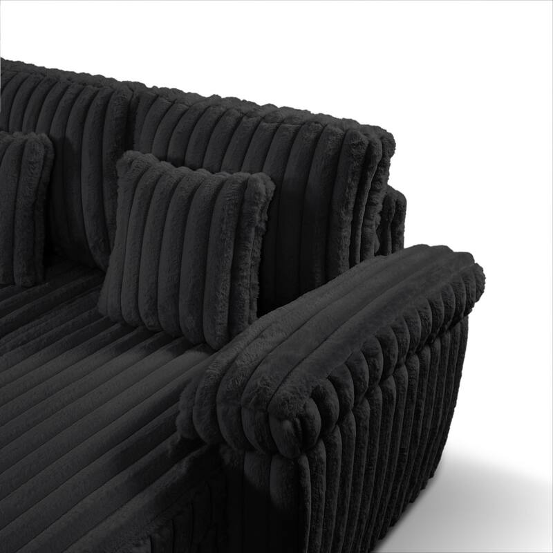 110" U-shaped Corduroy Sectional Sofa, Corner Coffee Table with USB port, Pull-out Bed