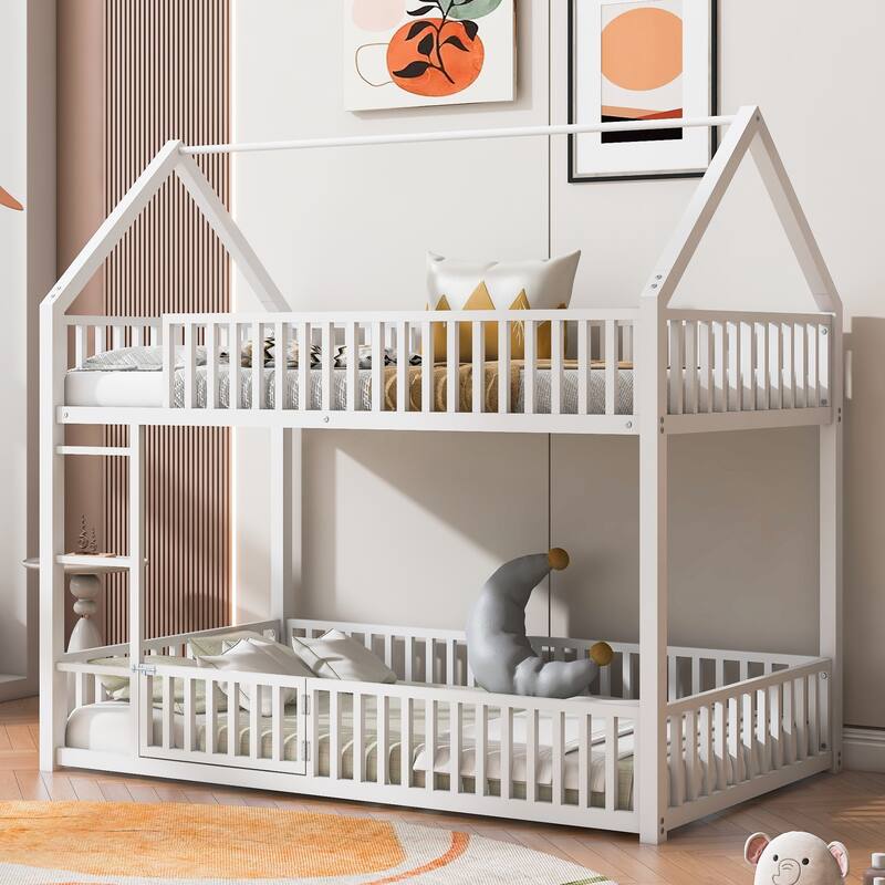 Metal Twin over Twin House Bunk Bed with Fence, Door & Playful Design - White