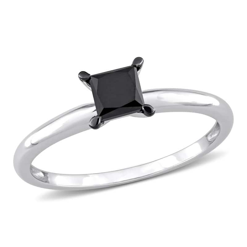Miadora 3/4ct TDW Princess-cut Black Diamond Solitaire Engagement Ring in 14k White Gold