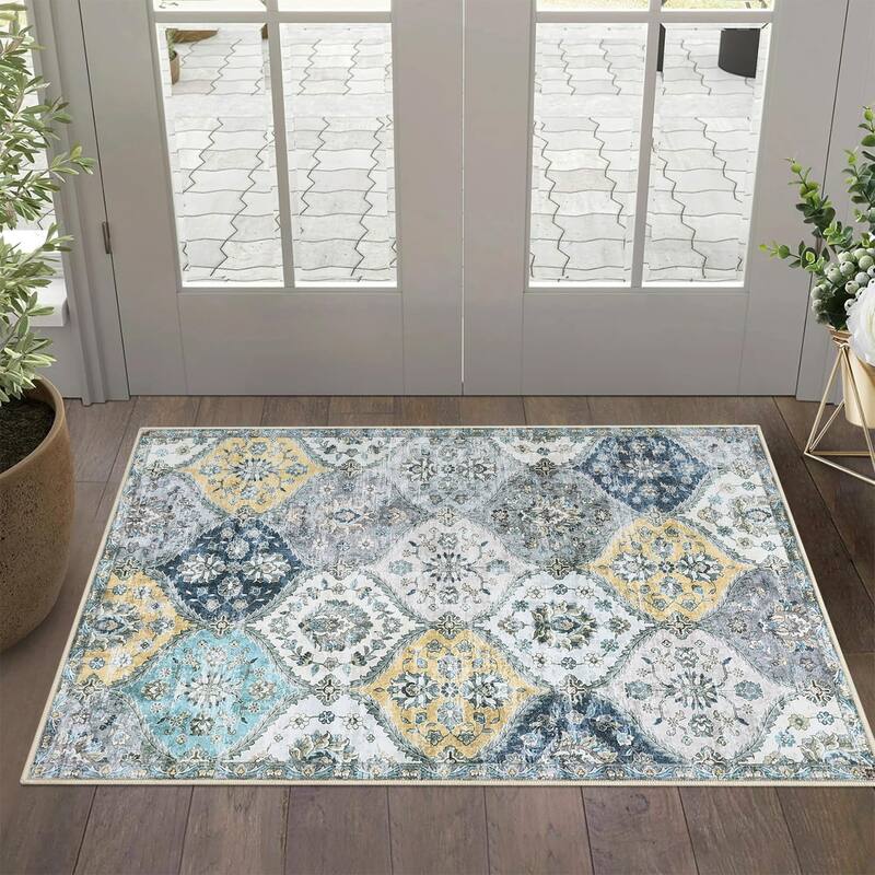 Rugs for Living Room Vintage Oriental Trellis Area Rug Soft Non Slip Low Pile Accent Rugs for Dining Room Office