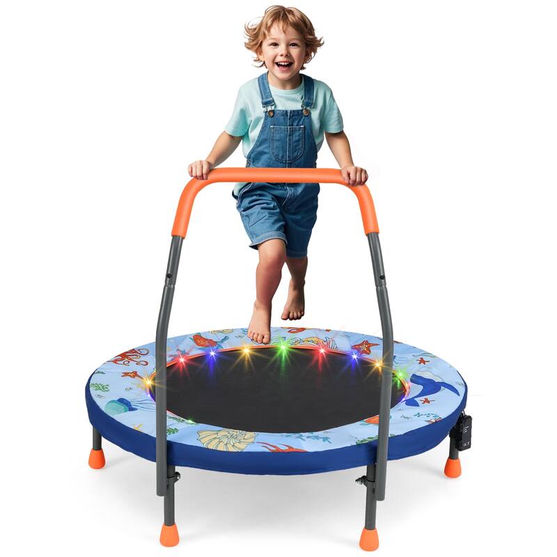Foam Kids Trampoline with LED Lights, Foldable Frame and Handrail - Blue