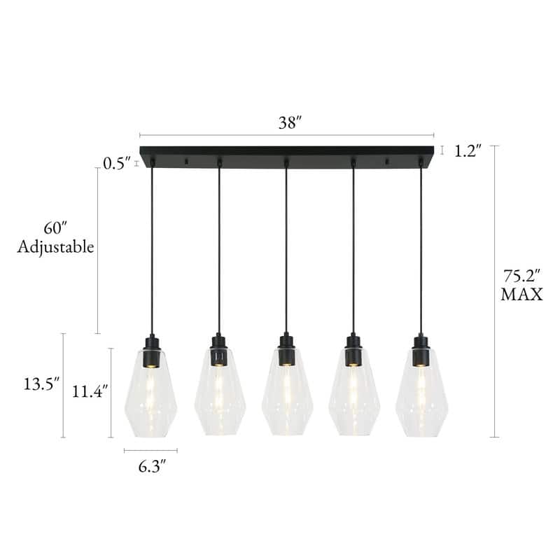 Modern Farmhouse 5-Light Black Linear Chandelier Glass Pendant Island Light for Dining Room - L38" x H75.2" Max