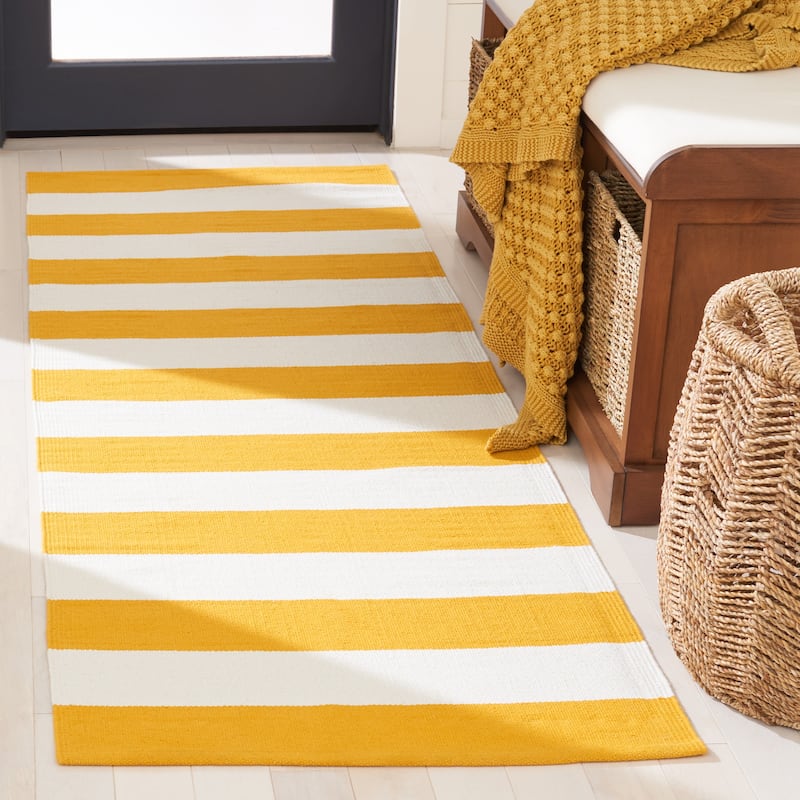 SAFAVIEH Handmade Montauk Geltrude Stripe Cotton Flatweave Rug - 2'3" x 7' Runner - Yellow/Ivory