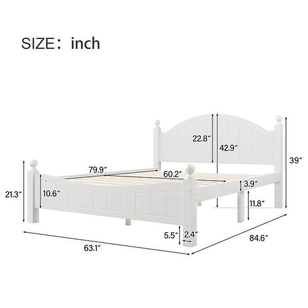 Traditional Concise Style White Solid Wood Platform Bed, No Need Box