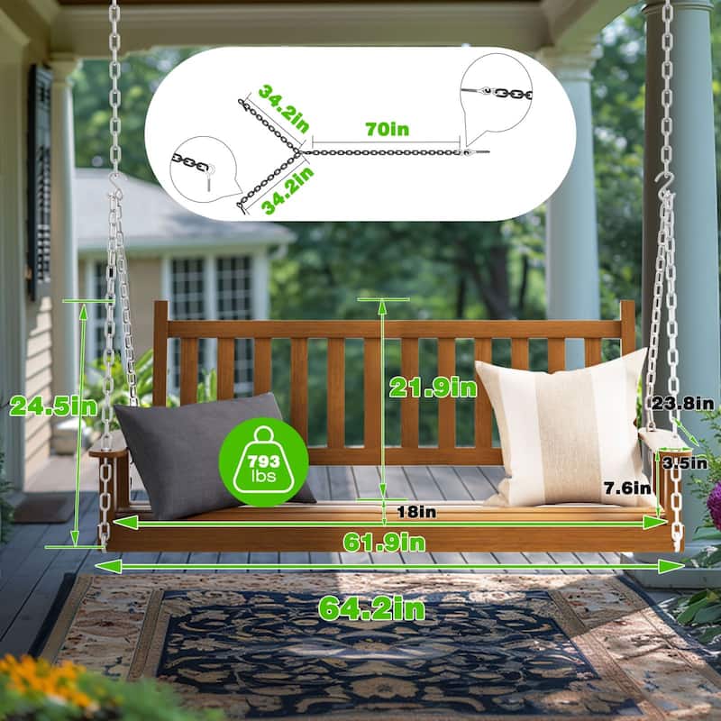 VEIKOUS Outdoor 5ft Wooden Hanging Patio Porch Swing for 3 Person with Chains