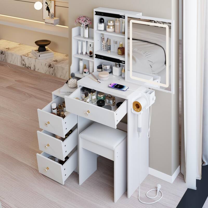 29.2"Small Size Cabinet Vanity Table + Cushioned Stool,2 AC+2 USB Power Station,Hair dryer bracket,Touch Control LED Mirror