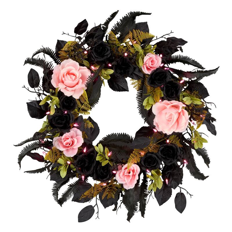 National Tree Company 24" Artificial Cute and Creep Halloween Wreath, 40 Pink LED Lights, Battery Operated - 2 ft