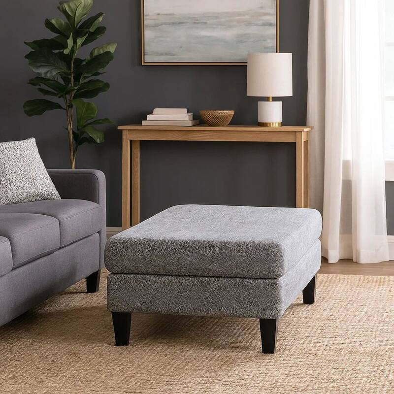 Fabric Upholstered Wooden Ottoman with Tapered Legs, Gray