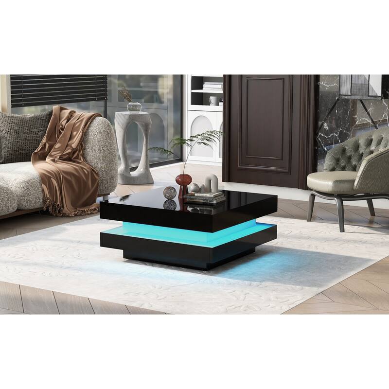 Roomfitters Modern Square Coffee Table with High Gloss Finish, 2-Tier Center Table with Lighting for Stylish Living Room