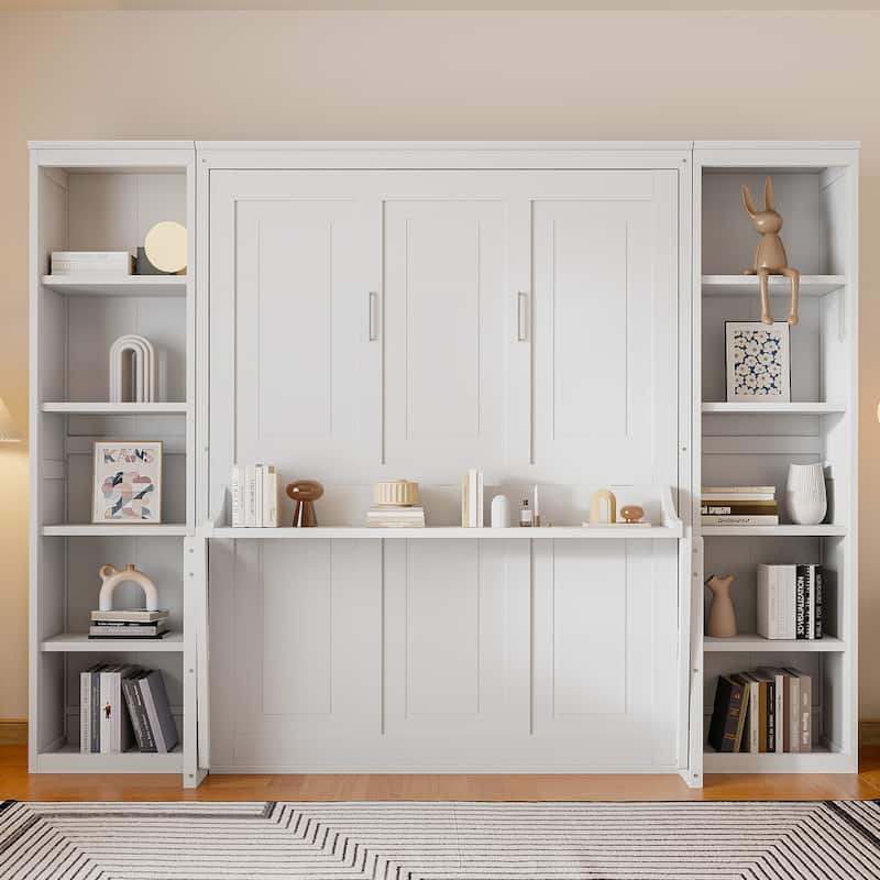 Queen Size Solid Wood Murphy Bed with Convertible Desk, Bookshelves and 600lb Capacity - White