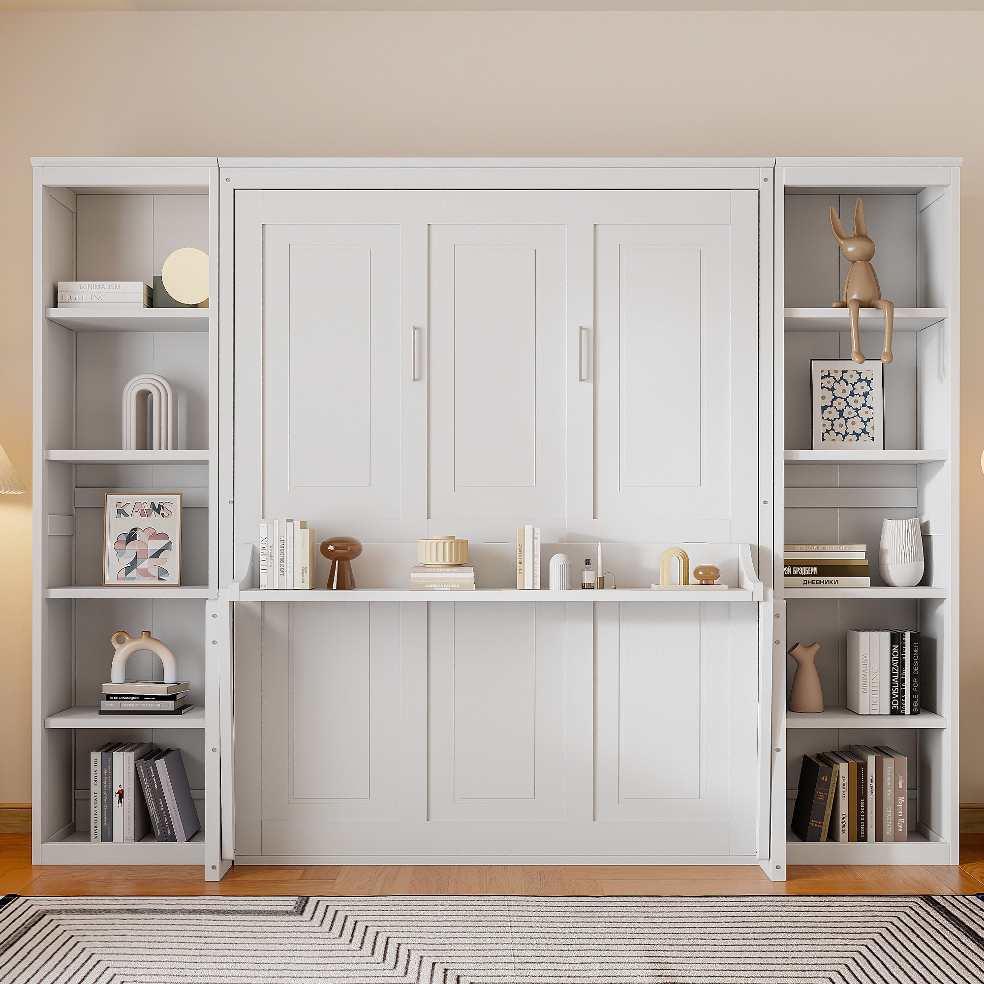 Queen Size Wall Bed with Built-in Desk, Side Storage Shelves & Foldable Space-Saving Design, No Box Spring Required