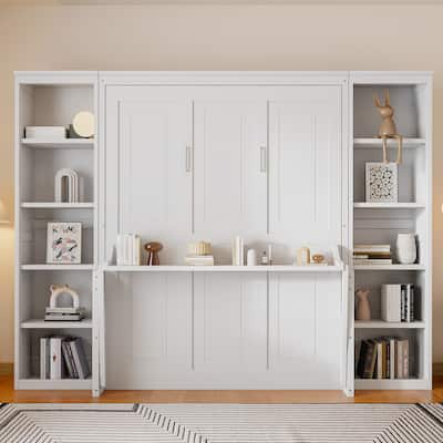 Queen Size Wall Bed with Built-in Desk, Side Storage Shelves & Foldable Space-Saving Design, No Box Spring Required