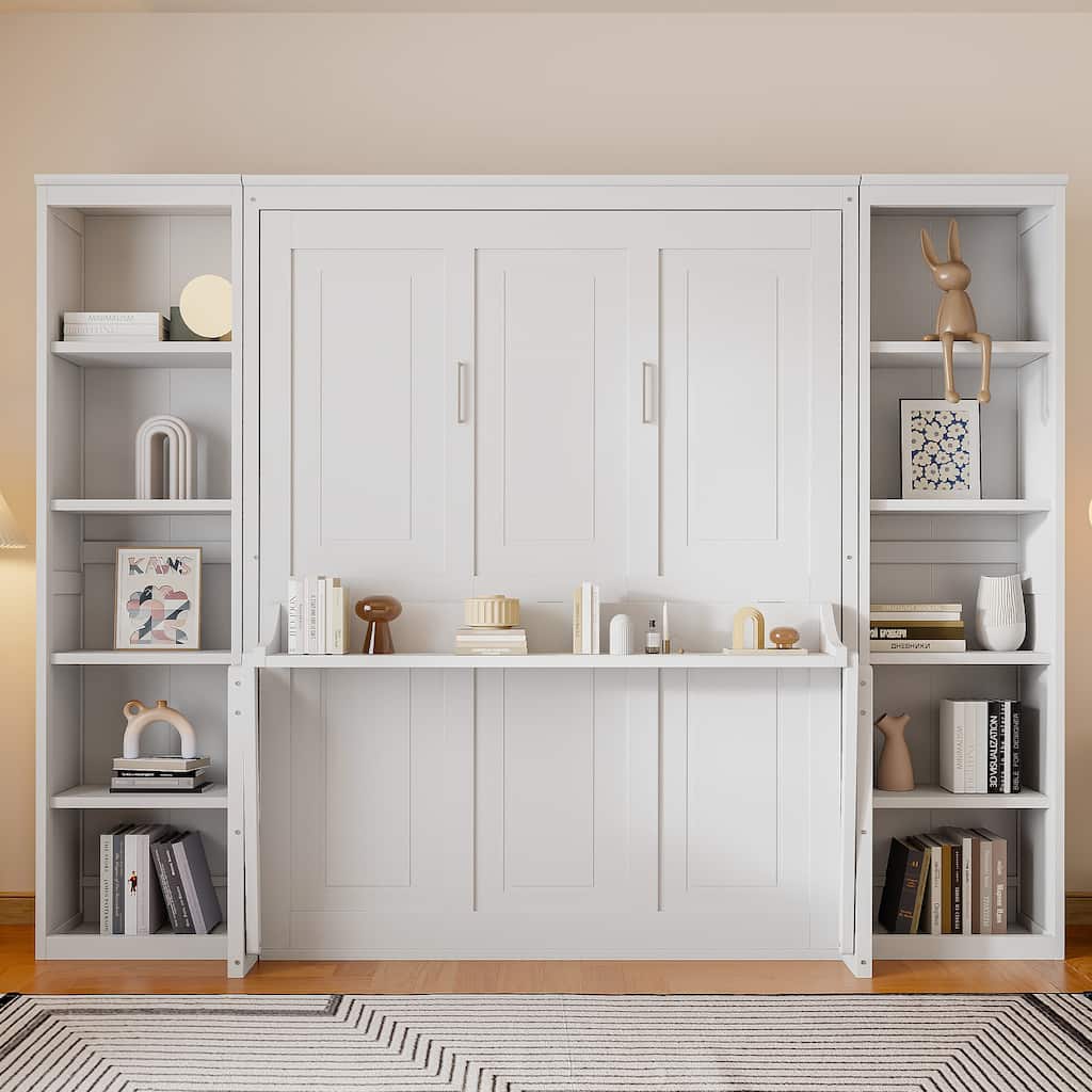 Queen Size Wall Bed with Built-in Desk, Side Storage Shelves & Foldable Space-Saving Design, No Box Spring Required