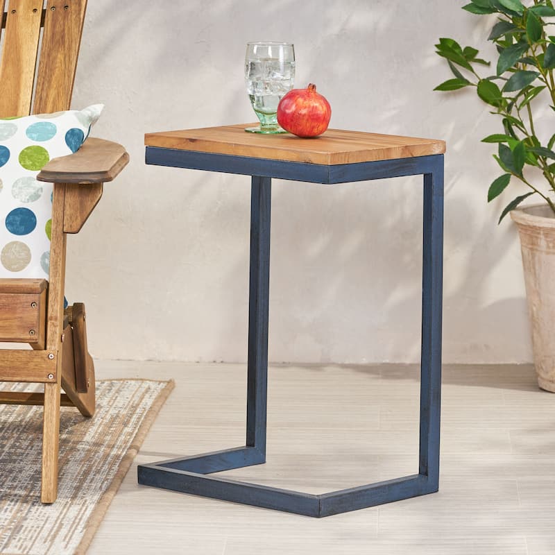 Roomfitters C-Shaped Side Table, Industrial End Table with Natural Wood Top and Blue Metal Frame for Sofa or Bedside, Natural