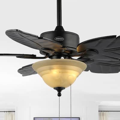 Owen 52" 3-Light Coastal Bohemian Iron/Wood Palm Leaf LED Ceiling Fan with Pull Chain, by JONATHAN Y