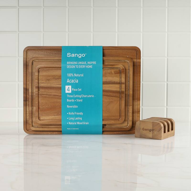 Sango Atelier Acacia Wood 3-Piece Cutting Board Set with Stand- Kitchen Chopping Boards for Meat, Vegetables & Charcuterie