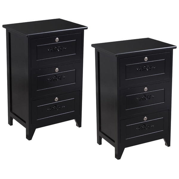 Gymax 2PCS Black 3 Drawer Nightstand End Beside Table Storage Organizer