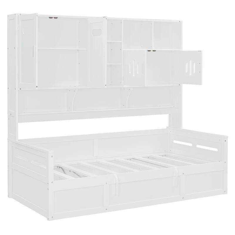Wooden Daybed Storage Platform Bed with All-in-One Cabinet and Shelf, 10 Slats Multi-Functional Space-Optimizing Bed Frame