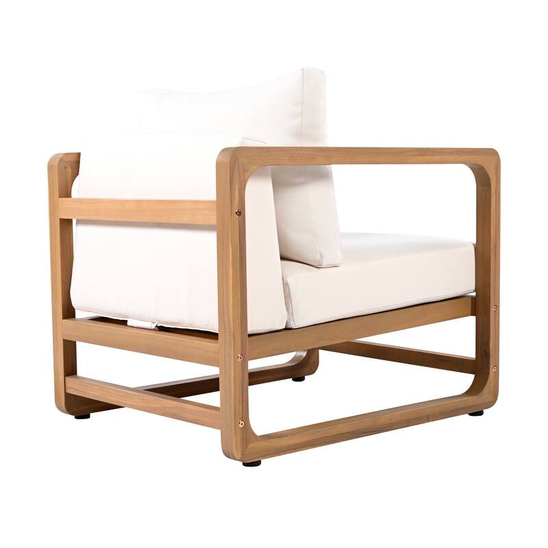 Roomfitters Acacia Wood Outdoor Club Chair with Oversized Seat and White Cushions