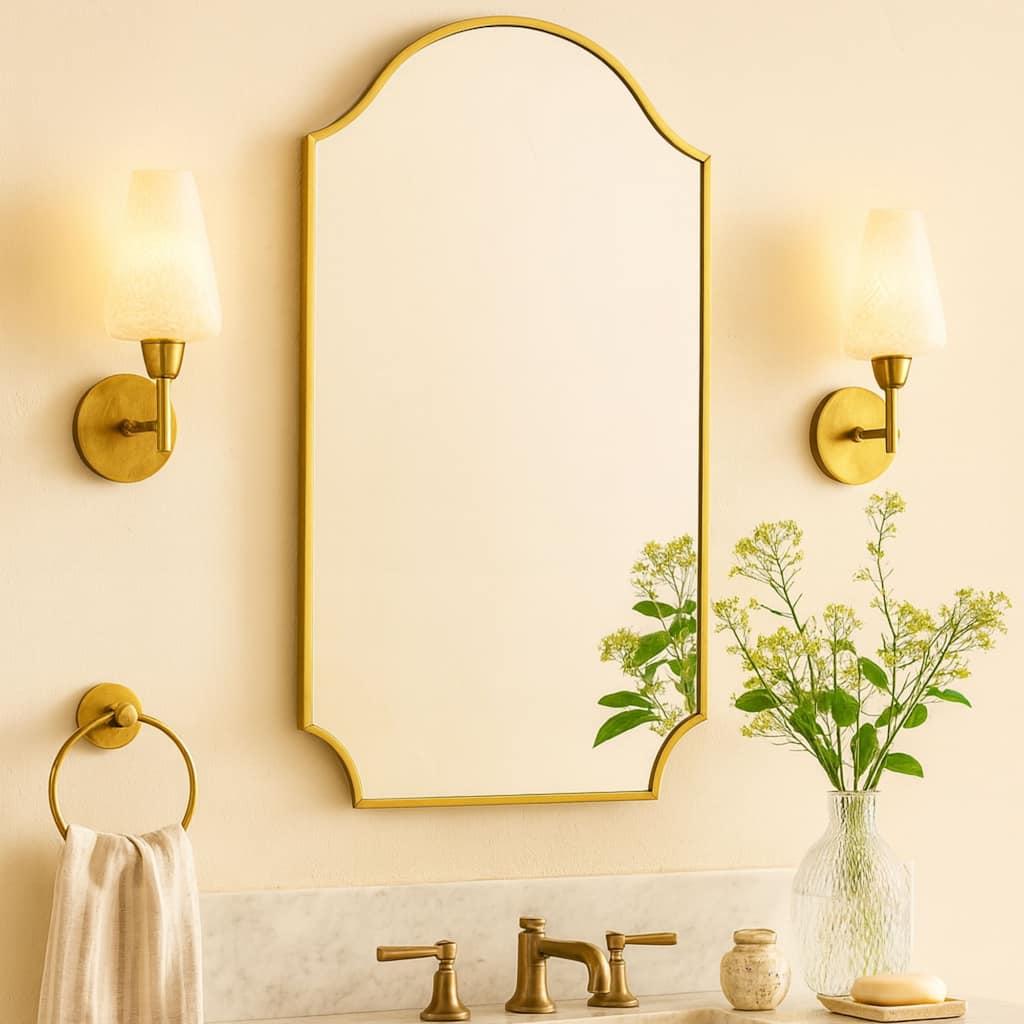 TEHOME Airius 24x36 Brushed Gold Scalloped Arched Mirror Electroplated Stainless Steel Vintage Modern Decor for Bathroom