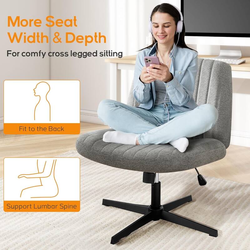 Home Office Desk Chair Criss Cross Legged Office, Wide Comfty Desk, Wheels Armless Computer Task, Swivel Vanity Home Chair