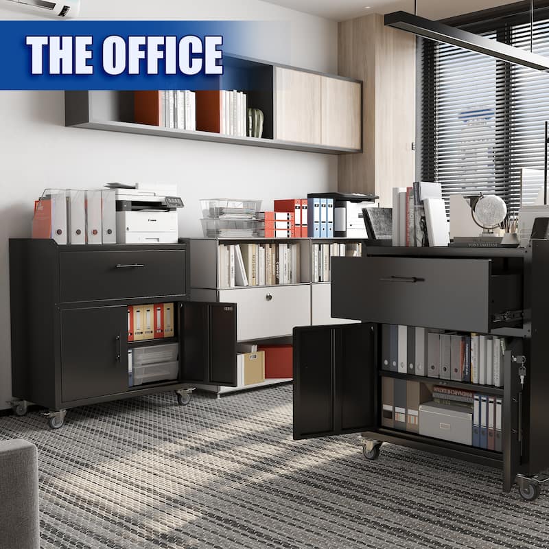 2 Door + 1 Drawer Tool Cabinets for Garage, Lockable Garage Storage Cabinet, with Wheels, Rolling Tool Chest