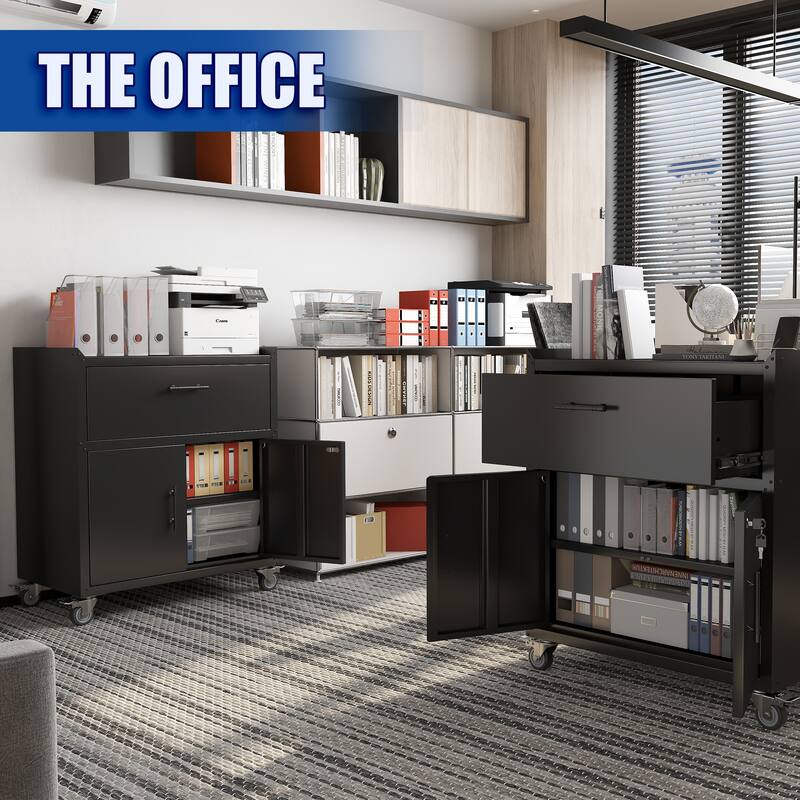 Black Metal Rolling Garage Storage Cabinet with Lockable Wheels and Adjustable Shelf - 30.31 x 18.11 x 31.49 in (L x W x H)