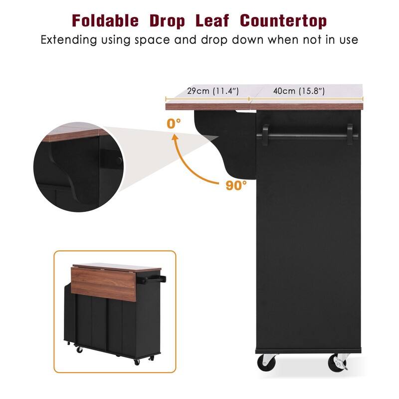 47.2" Rolling Kitchen Island on 5 Wheels with Drop Leaf, Kitchen Island with 2 Drawers, Trash Can Storage